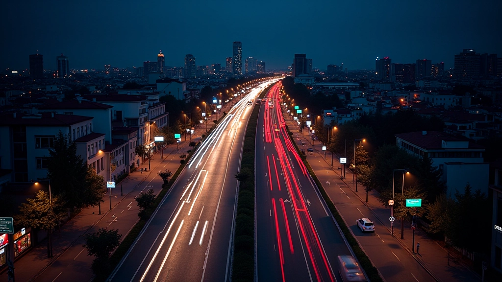 Modern şehir merkezi hava fotoğrafı, gece trafik ışıkları ve araçlarla dolu caddeler