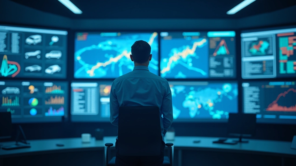 Otonom araç test platformu kontrol merkezi, ekranlarda gerçek zamanlı trafik haritası ve araç sensör verilerinin görüntülendiği