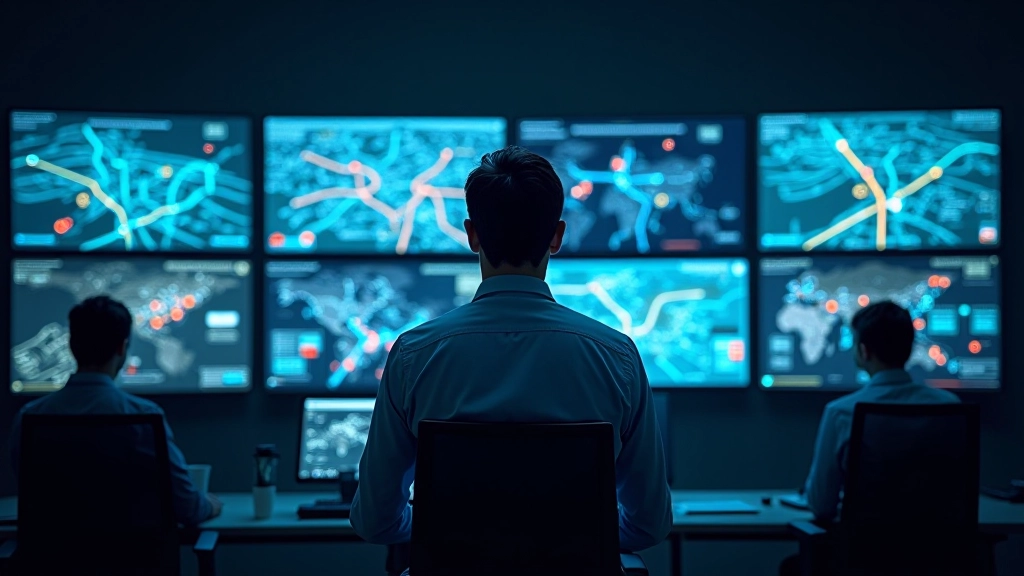 Akıllı trafik sinyali kontrol paneli ve şehir haritası gösterileri ile modern kontrol merkezi