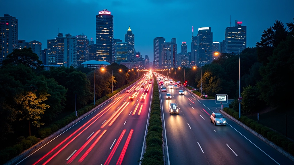 Şehir manzarası gece vakti, modern trafik akışı ve ışıklar, ulaşım altyapısı, gelecekçi şehir görünümü