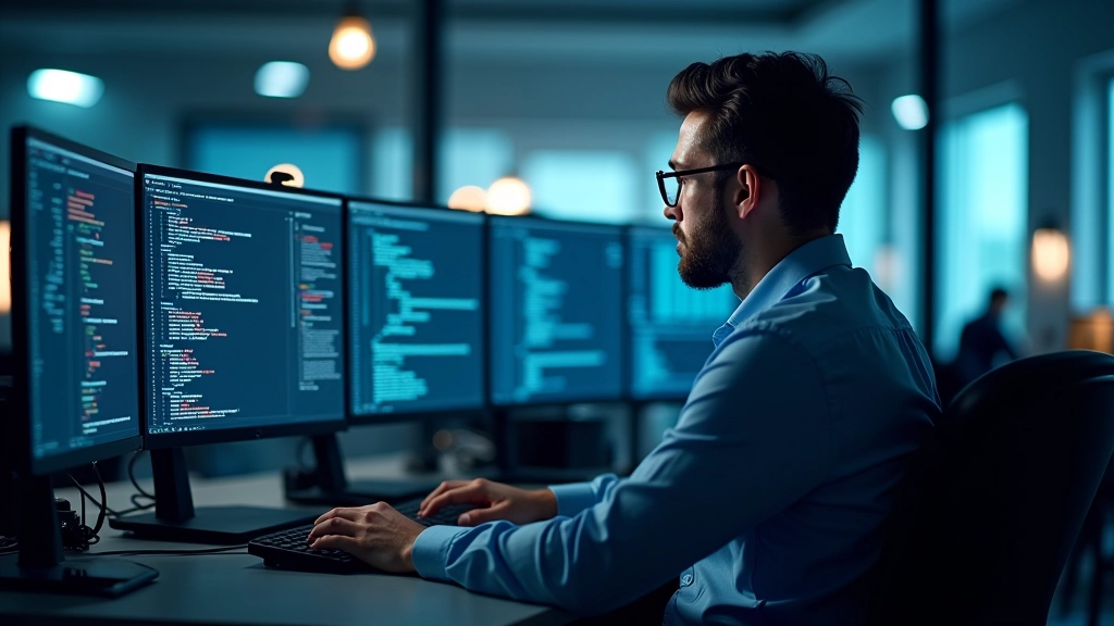 Yazılım mühendisinin masasında açık olan bilgisayarda yapay zeka modeli kodları ve trafik algoritmaları görülüyor